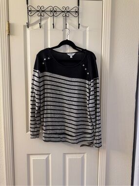 Market & Spruce Black and Gray Striped Boatneck Long Sleeve with Snap Accents